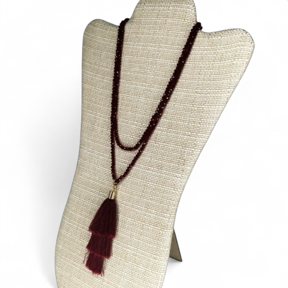 Vintage Garnet Red Sparkly Faceted Crystal Stacked Tassel Necklace – 36" Long - Picture 6 of 15